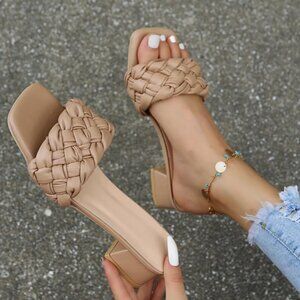 Nude Apricot Braided Design Chunky Mules Open Toe Sandals Women's Size 8.5